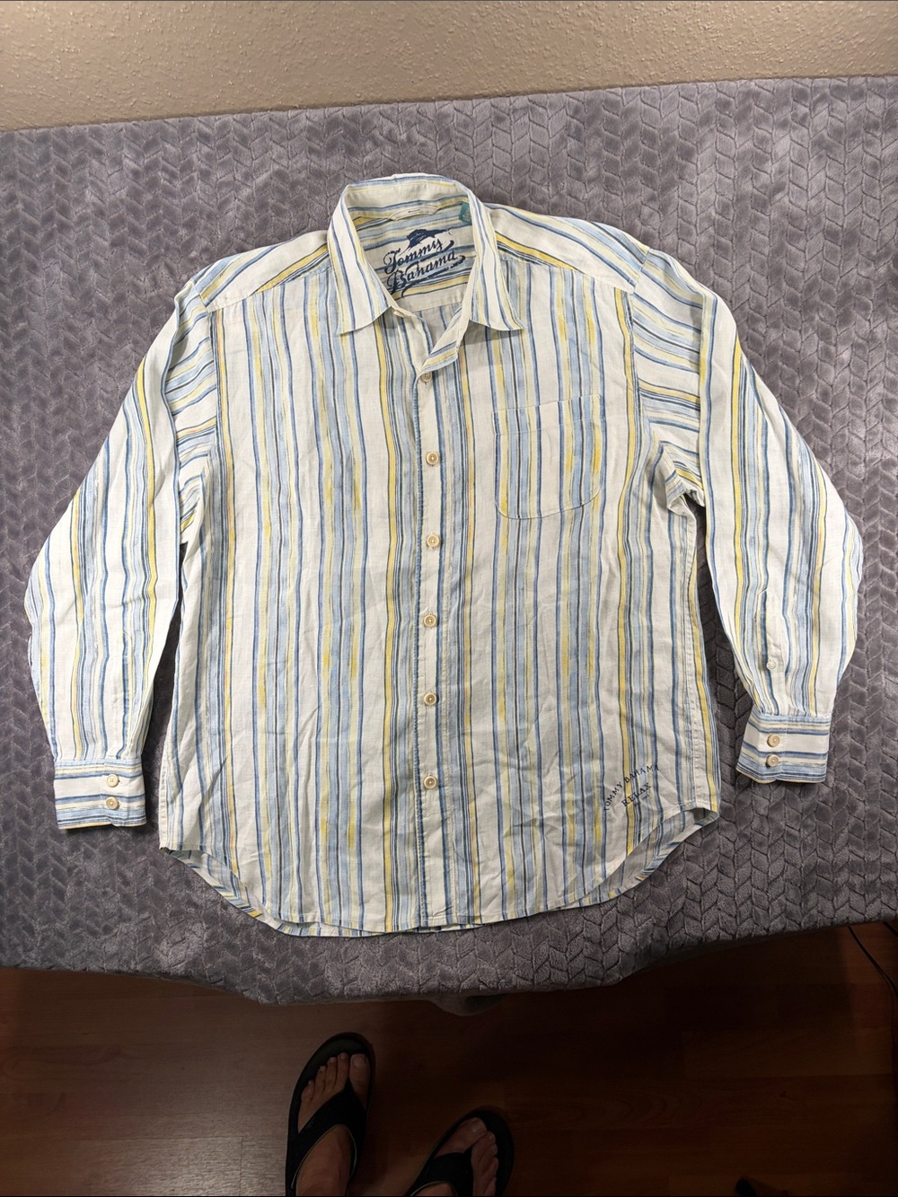 EUC Tommy Bahama Men's 100% Linen LS buttonfront Shirt in White, Blue & Yellow L
